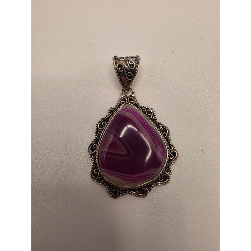 925 Sterling Silver Purple Banded Agate Teardrop Pendant Thailand Artisan 2in